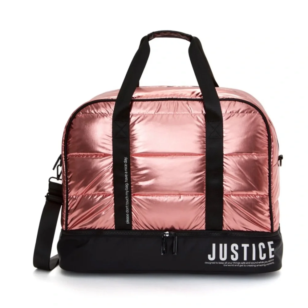 Justice Girls Weekender Duffel Handbag Gold Shiny Nylon